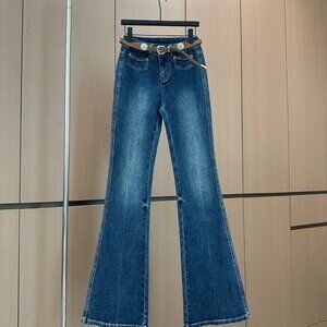 New Women’s Dark Wash High Waist Flare Jeans Bell Bottom Denim Pants, With Belt